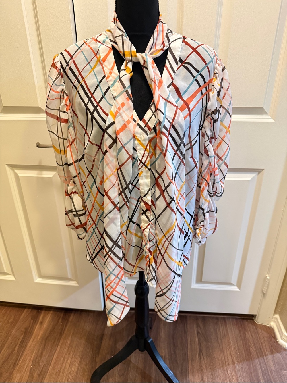 New York & Company White Multi Plaid Tie-Neck Button-Down Blouse